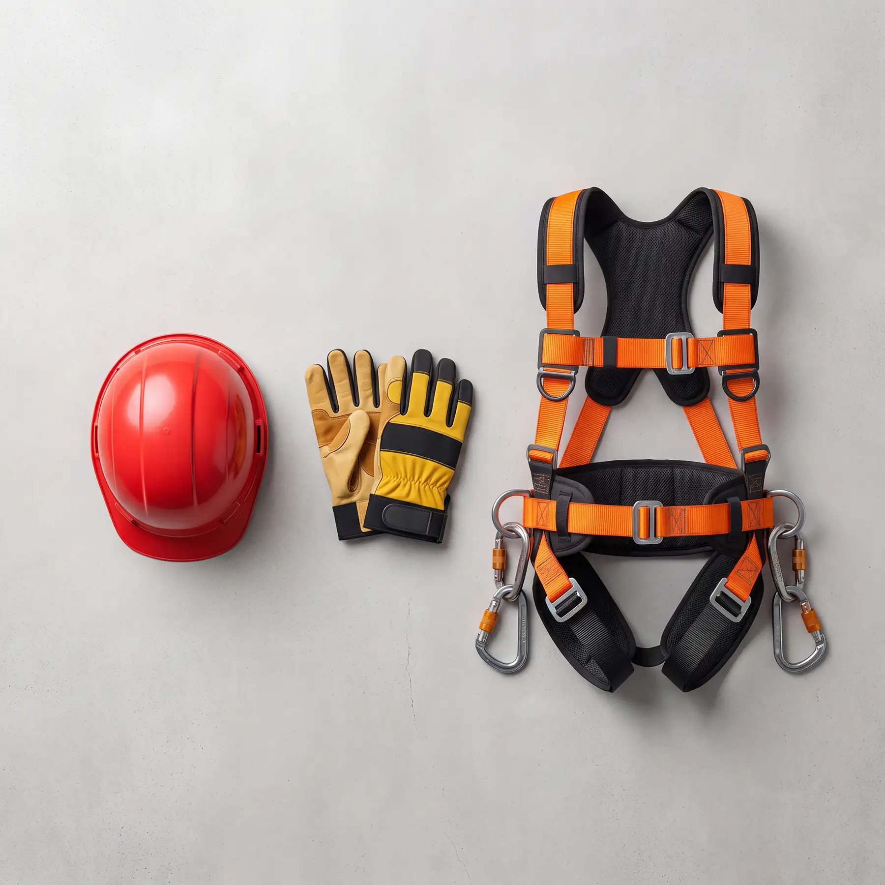 Draufsicht auf Arbeitsschutzausrüstung: Ein roter Schutzhelm, ein Paar Arbeitshandschuhe und ein orangefarbener Auffanggurt (PSAgA) ordentlich nebeneinander auf grauem Hintergrund.