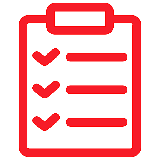 Rotes Icon eines Klemmbretts mit Checkliste für Service, Prüfung und strukturierte Abläufe