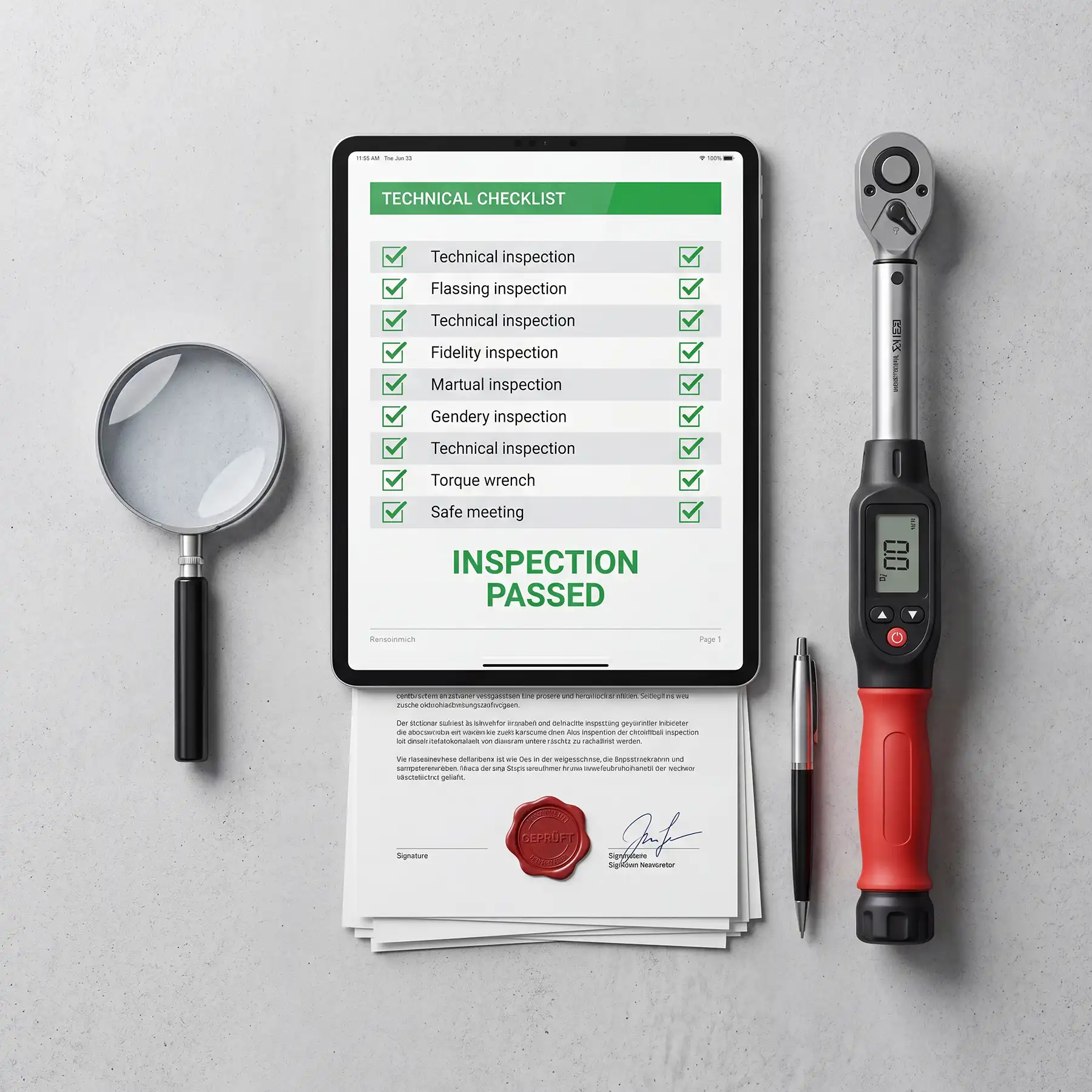 Dokumentation von Sicherheitsprüfungen: Ein Tablet mit grüner Checkliste „Inspection Passed“, eine Lupe, ein digitaler Drehmomentschlüssel und Dokumente mit offiziellem Prüfsiegel.