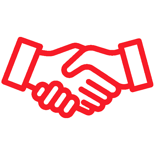 Rotes Icon eines Handschlags für persönliche Beratung und vertrauensvolle Zusammenarbeit
