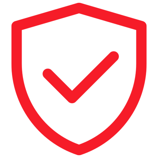 Rotes Icon eines Schildes mit Haken für Sicherheit, Qualität und Schutz