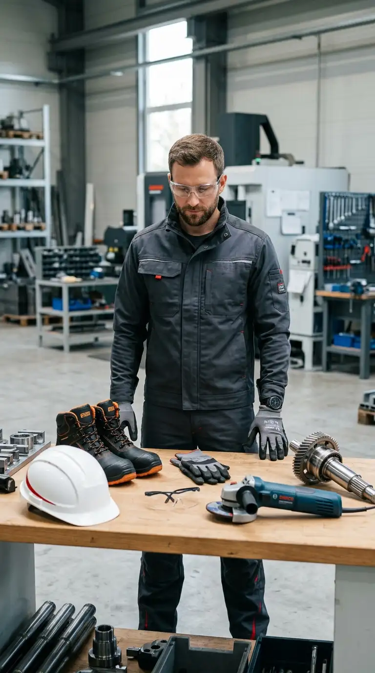 Fachkraft in Arbeitskleidung an Werkbank mit Schutzhelm, Sicherheitsschuhen, Handschuhen, Schutzbrille, Werkzeug und Maschinenbauteilen