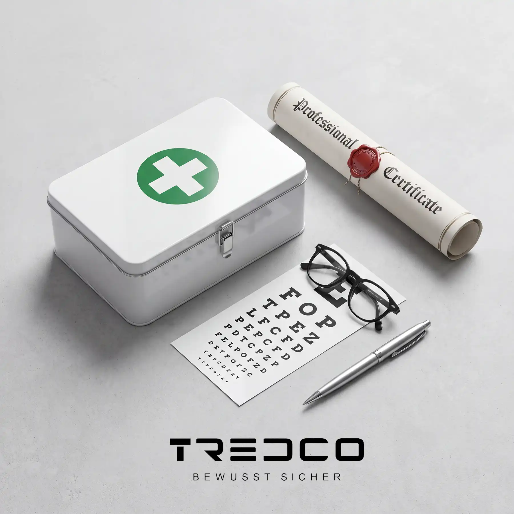Minimalistisches Stillleben auf hellem Grund mit einem weißen Erste-Hilfe-Koffer, einer Brille auf einer Sehtest-Tafel, einem gerollten Zertifikat mit rotem Siegel und dem Tredco-Logo.